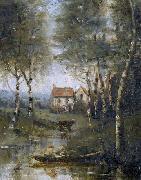 Jean-Baptiste-Camille Corot La riviere en bateau et la maison oil on canvas